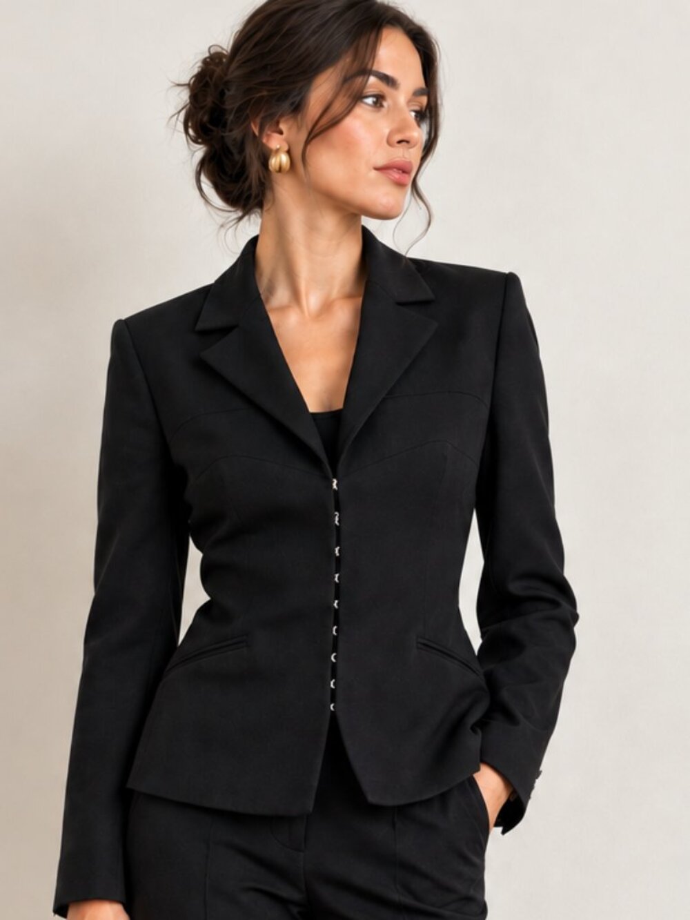 VERSACE JEANS COUTURE Black Tailored Hook-and-Eye Blazer Jacket size IT44